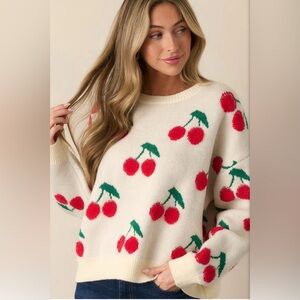 NWT &Merci “Sweet As Can Be” Ivory Cherry Print Sweater in size small